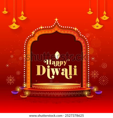 Vector illustration of Indian Diwali background. Podium, home decorated with lights, and a vibrant red background. Greeting, Post card, poster, banner and social media template.