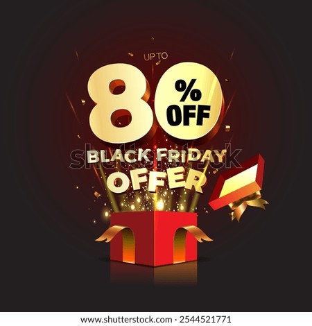 Black Friday offers, sale, shopping, deal, discount, logo, promotional concept design with red open gift box on Dark black and golden background. Vector illustration