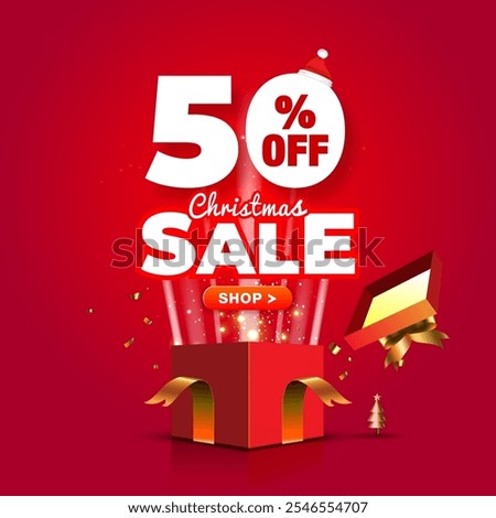 Vector logo of 50% off christmas sale, shopping offer, deals and discount, Pop-Up from red open gift box.