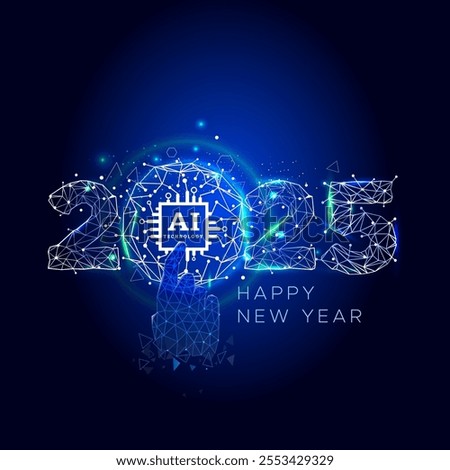 Vector illustration of Happy new year 2025 with futuristic digital world - Ai brain, artificial intelligence technology. 2025-Start, enable and connect to ai technology concept.