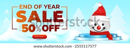 Banner design for End of year sale 50% off, offer, deal, discount logo with podium and winter snow land background.