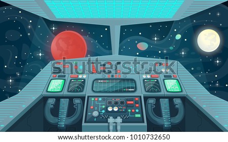 Background for games and mobile applications spaceship. Spaceship interior, cockpit view inside. Cartoon vector illustration.