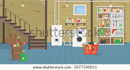  Basement with boiler, washer, stairs, shelf with tools. Vector illustration of flat cartoon style.