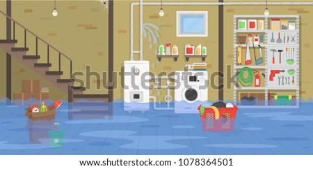 Interior flooded basement with boiler, washer, stairs, shelf with tools. Broken water pipeline with leakage. Vector illustration of flat cartoon style.