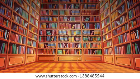 Library book shelves cartoon vector illustration.
