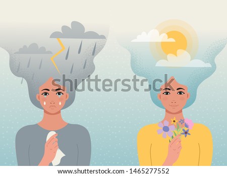Concept good and bad mood. One girl cries with clouds, lightning, rain in her hair and a handkerchief  in her hands, another girl smiles with clouds and sun in her hair and flowers in hand.Vector