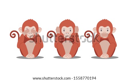 Three cute monkeys are closing eyes, ears, mouth, see no evil, hear no evil, speak no evil. Vector flat illustration.
