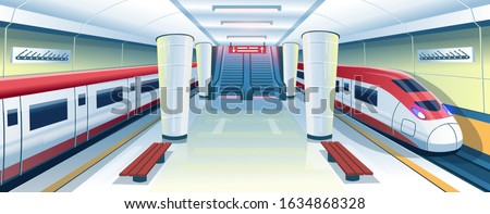 High speed train in railway underground station. Vector metro interior with trains, escalators,  benches and lines map. Vector cartoon illustration.