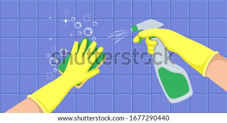 Hands in a yellow gloves holders disinfectant spray bottle and washes a wall. Concept for cleaning companies. Flat vector illustration.