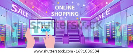 Online shopping. Shopping mall with  stores and an escalator. Online store on screen with hands. Concept of mobile marketing and e-commerce.