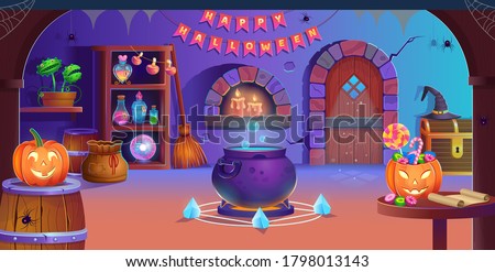 Happy Halloween. Interior of halloween room with door, cauldron, pumpkins, candy, vedim hat, magic ball, potions, broom, flycatcher, spiders and candles. Background for games and mobile applications.
