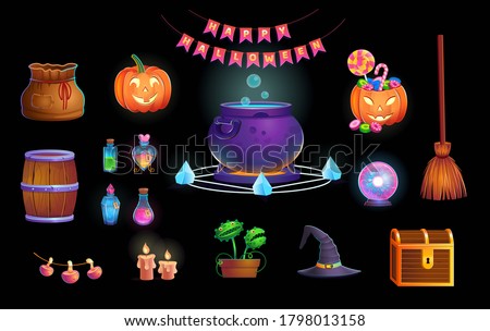 Happy Halloween. Big set of halloween room with door, cauldron, pumpkins, candy, vedim hat, magic ball, potions, broom, flycatcher, spiders and candles.Elements, icons for games and mobile application