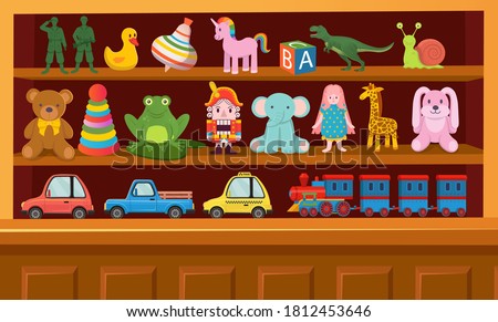 Toy shop with shelves of toys. Big set of colorful toys for children. soft toys, bear, bunny, giraffe, logical toys, toy soldiers, rocket, cars, steam locomotive, balls. Cartoon vector illustration.