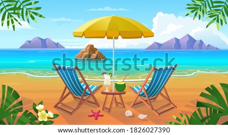  Summer tropical beach with sun loungers, table with cocktails, umbrella, mountains and islands. Seaside landscape, nature vacation, ocean or sea seashore.Vector cartoon illustration.
