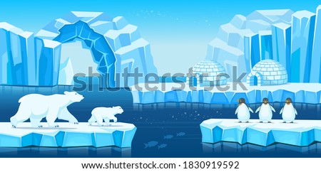 Arctic landscape with icebergs, igloo, polar bears, penguins and sea or ocean. Vector  cartoon illustration for games and mobile applications.