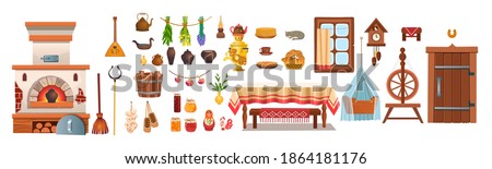 Big set of an old Russian hut with old baby cradle, russian stove, spindle, samovar, dry herbs,balalaika, matryoshka, bast shoes, jam, wooden bucket, windows, door.Old kitchen interior.Сartoon  