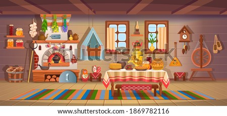 The interior of an old Russian hut with old baby cradle, russian stove, spindle, samovar, dry herbs,balalaika, matryoshka, bast shoes, jam, wooden bucket, windows, door.Old kitchen interior.Сartoon  