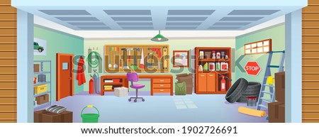 Garage or basement interior with open door, tools, table, shelves, stepladder, boxes, tires.Vector cartoon game and mobile applications background.