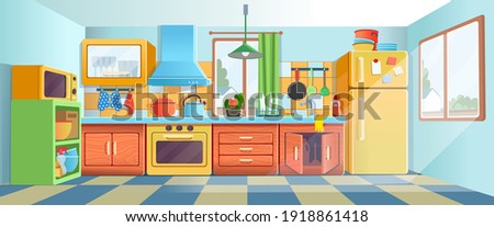 Retro сozy colored kitchen interior with fridge, kitchen stove, cupboard dishes. Vector illustration flat cartoon style.
