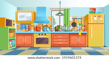 Cozy colored kitchen interior with fridge, kitchen stove, cupboard dishes. Vector illustration flat cartoon style.