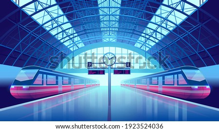 Railway station platform with modern high speed trains and a clock. Neon style. Cartoon vector illustration.