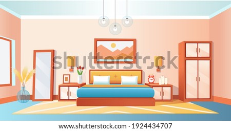 Cozy interior bedroom with bed, wardrobe, bedside tables, mirrored, alarm clock, vase, chandeliers. Vector cartoon illustration.