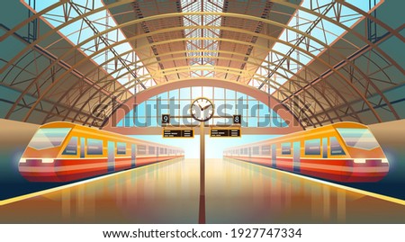 Indoor railway station platform with red modern high speed trains and a clock. Railway tourism. Cartoon vector illustration.