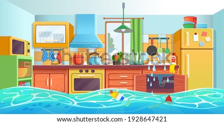 Clogged kitchen sink. Kitchen interior with clogged drain. Broken water pipe with leakage. Vector illustration of cartoon style.
