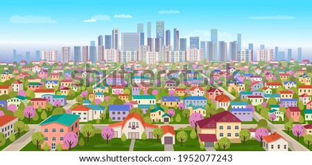 Suburban landscape.View of high-rise buildings and countryside.Cartoon vector illustration