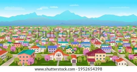 Suburban landscape. Big village.View of the mountains and countryside.Cartoon vector illustration