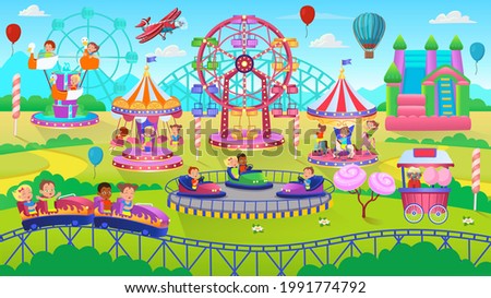 Theme Park scene with electric cars, ferris wheel, carrousel, trampoline. Amusement park. Vector illustration for children. 商業照片 © 