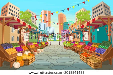 Organic food market street. Food market stalls with fruits and vegetables.Vector cartoon wooden marketplace tents with farm produce.