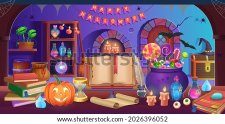 Happy Halloween. Interior of halloween room with door, cauldron, pumpkins, candy, hat, magic ball, open book, hourglass, nib pen, stack of books,. Background for games and mobile applications.