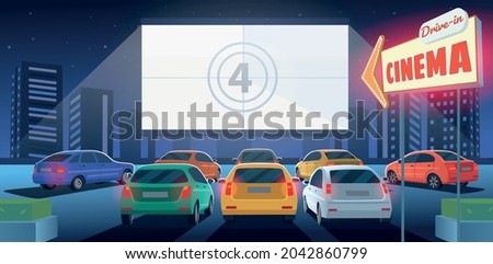 Open air parking. Car cinema with white screen counting down the numbers to the start of the movie  and a sign drive-in cinema. Drive-in cinema theater at night. Cartoon illustration.