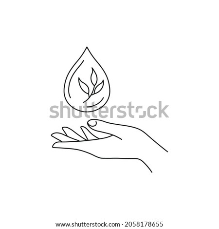 Hand holding water drop with leafs. Line style. Isolated on white background.