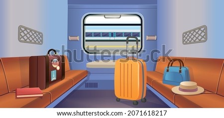 Train interior inside view with luggage and the train station in the window. Train travel.Vector illustration