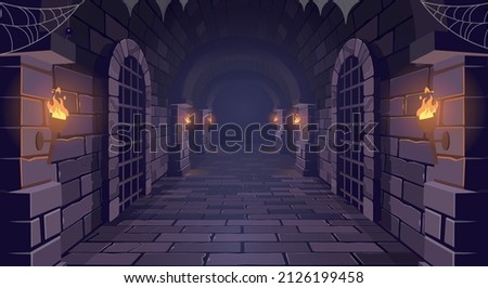 Dungeon. Long medieval castle corridor with torches. Interior of ancient Palace with stone arch. Vector illustration.