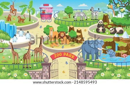 Zoo map with enclosures with animals. Outdoor park entrance with green bushes. Cartoon vector illustration. Pandas, giraffes, elephants, zebras, elephants, penguins, monkeys, parrots, flamingo.