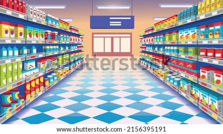 Perspective view of supermarket aisle. Supermarket with colorful shelves of merchandise and front door. Cartoon vector illustration