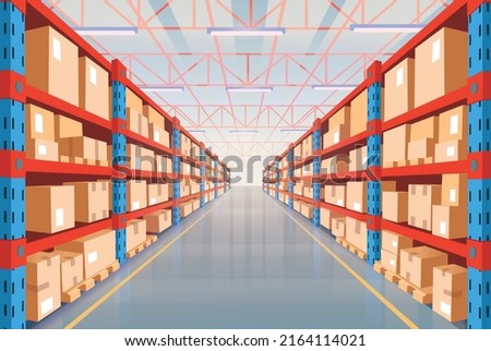 Perspective view of warehouse with cardboard boxes on racks. Interior of storage room in store, factory, market, hardware store. Vector cartoon illustration.