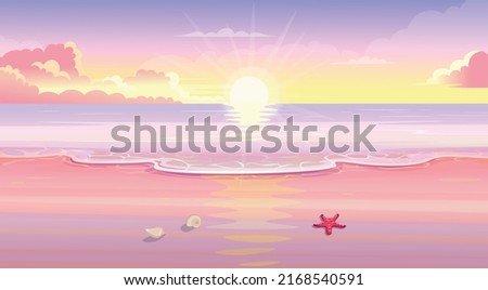 Sunset on the sea.Summer tropical beach with sun mountains and islands. Seaside landscape, nature vacation, ocean or sea seashore.Vector cartoon illustration.