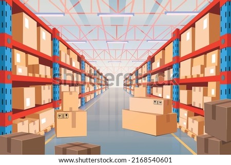 Perspective view of big warehouse with cardboard boxes on racks. Interior of storage room in store, factory, market, hardware store. Vector cartoon illustration.