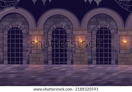 Dungeon with a long corridor. Medieval castle corridor with torches and doors with bars. Interior of ancient Palace with stone arch. Vector illustration.