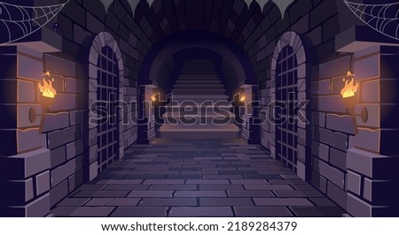  Dungeon with a long corridor with ladder. Steps up. Medieval castle corridor with torches and doors with bars. Interior of ancient Palace with stone arch. Vector illustration.