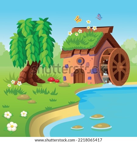 Fairy house with water wheel. Hobbit or gnome house.Fairy dwelling with round wooden door and windows, flowers and  mushrooms. 