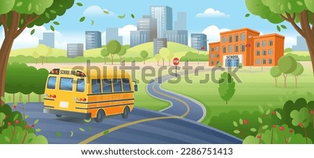Yellow school bus on the way to school.  Back to school. Road to school. Cartoon vector illustration. LONG BANNER