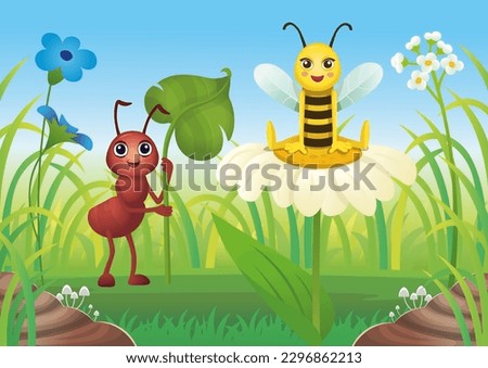 Cartoon background with ant and bee. Summer Landscape of field with grass and cartoon insects blue sky background. Vector illustration in cartoon style