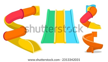 A set of children's slides aqua park or playground. Vector cartoon aquapark with colorful spiral pipe water slides.