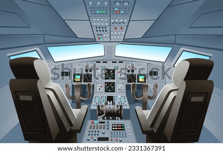 Airplane cockpit view with panel buttons, dashboard control and pilot's chair. Airplane pilots cabin. Cartoon vector illustration.