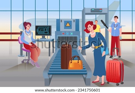 X-ray conveyor scanner for baggage with frame, travel bags and people in airport. Woman removes bags from x-ray in airport. Conveyor Belt With Passenger Luggage. Airport Interior. Vector cartoon.